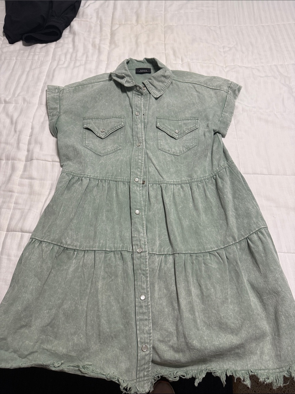Vici Mint Green Washed Denim Tiered Shirt Dress